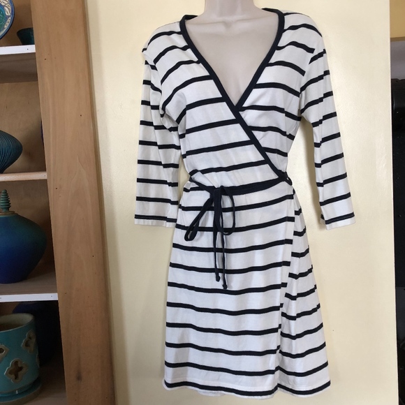 AQUA MARITIME 100% cotton striped wrap 3/4sl dress - Picture 5 of 8